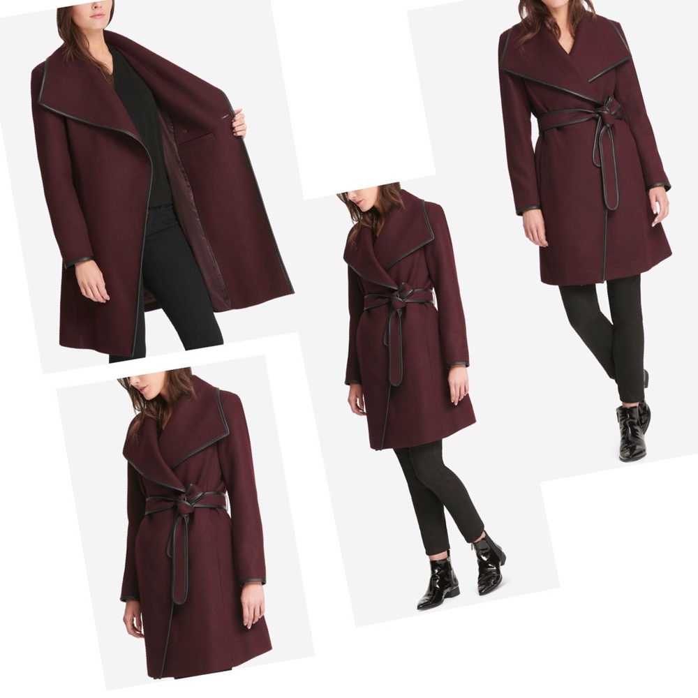 DKNY Faux-Leather-Trim Wrap Coat 🧥 in Bordeaux - Picture 10 of 17